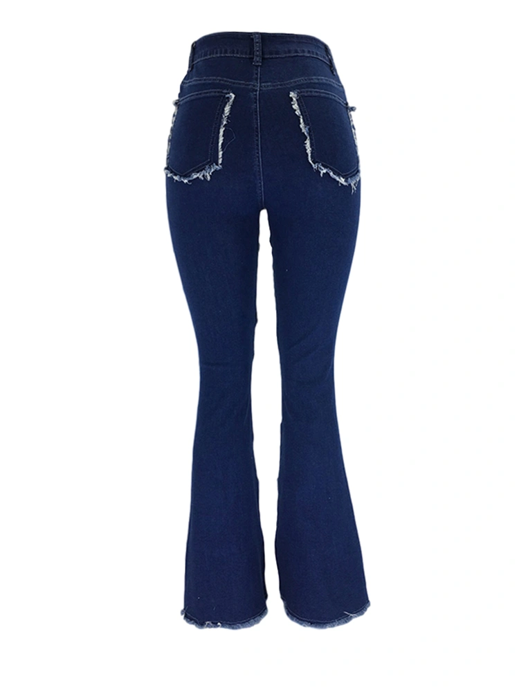 Women Patchwork Bell-bottom Jeans High Waist Denim Pants Trousers