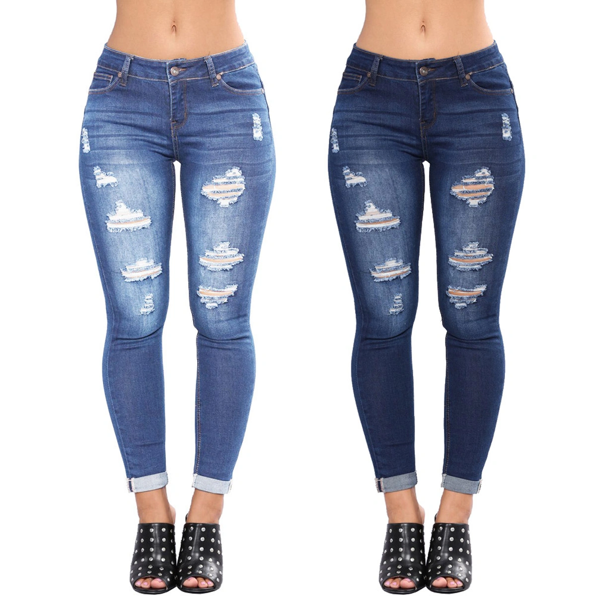 Women Summer Outfit, Middle-Waist Close-Fitting Ripped Ninth Jeans