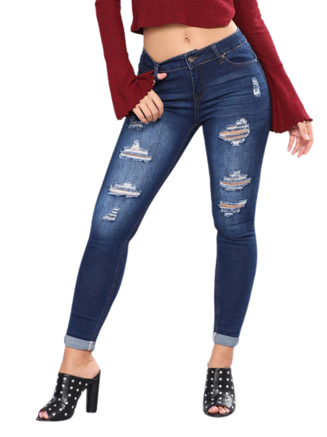 Women Summer Outfit, Middle-Waist Close-Fitting Ripped Ninth Jeans