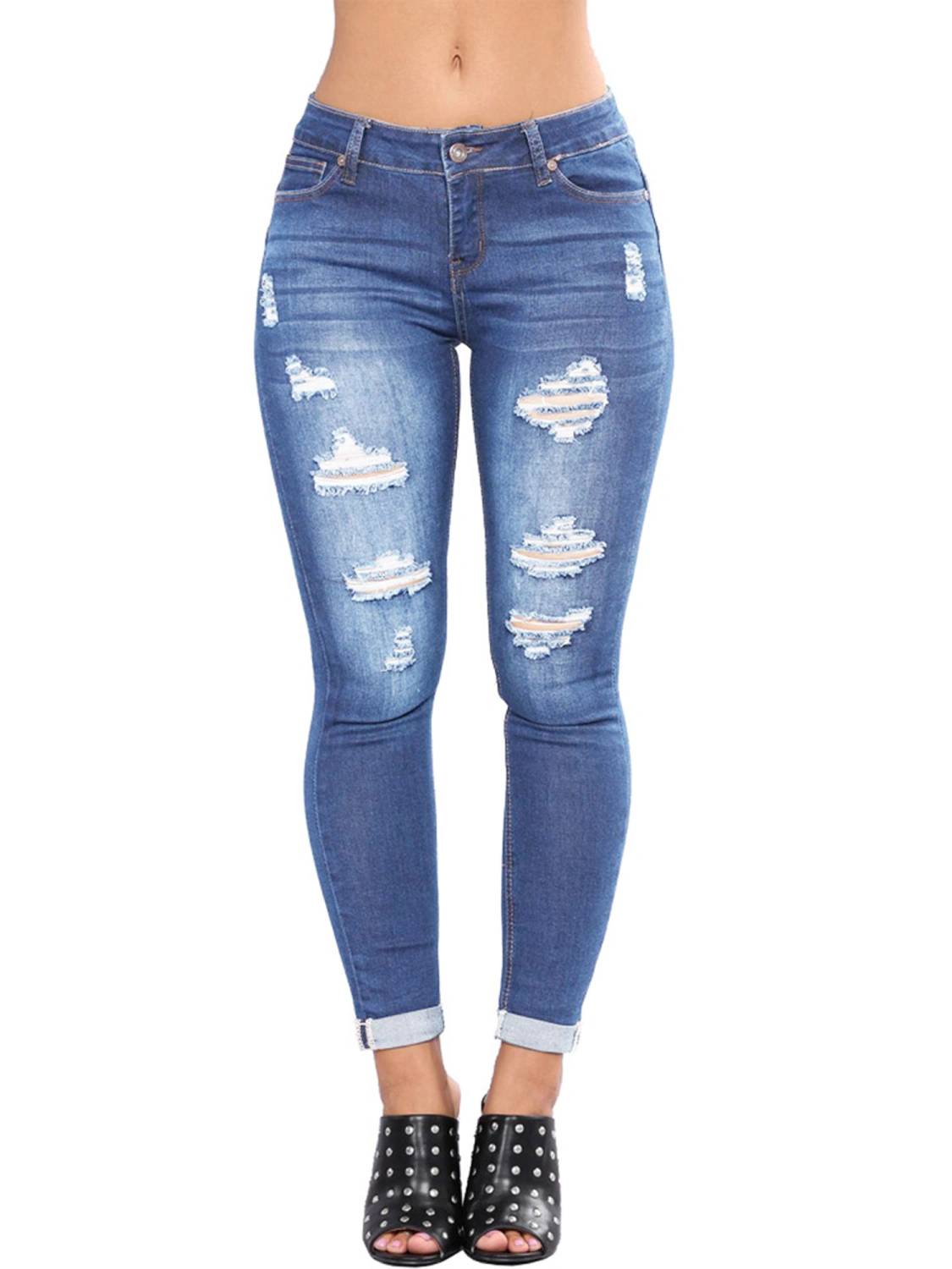 Women Summer Outfit, Middle-Waist Close-Fitting Ripped Ninth Jeans