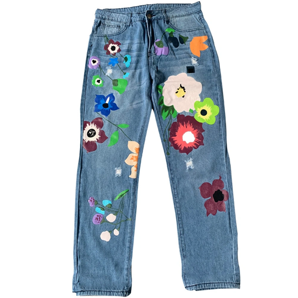 Women Wide Leg Jeans, High Waist Floral Print Ripped Denim Pants