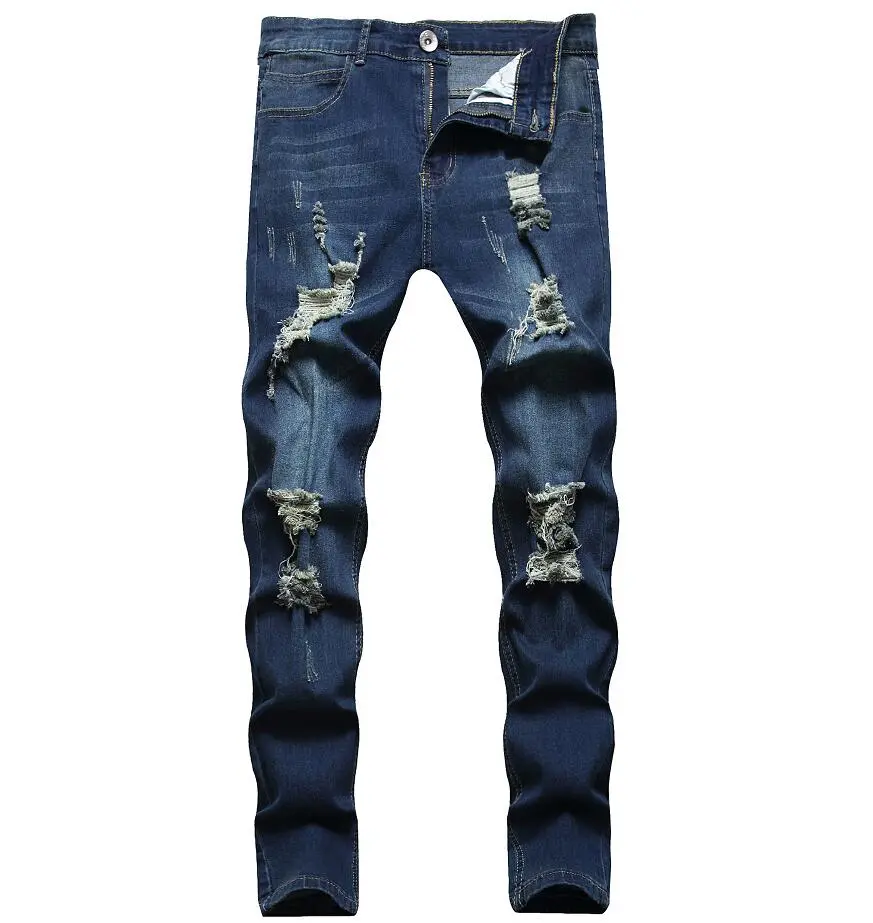 Men Casual Jeans, Solid Color Long Trousers with Broken Holes