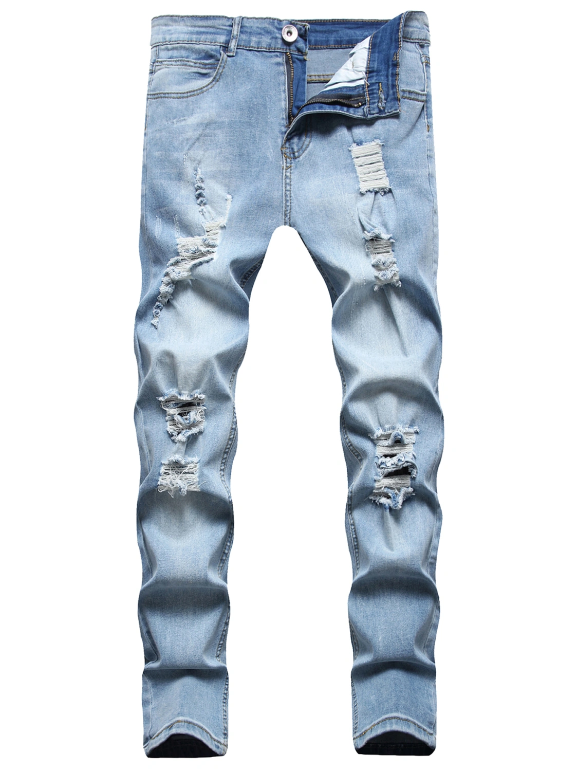 Men Casual Jeans, Solid Color Long Trousers with Broken Holes