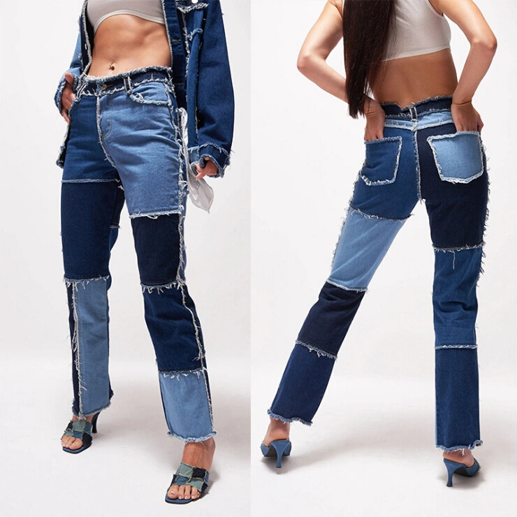 Women's Patchwork Color Blockings Jeans, High Waist Denim Trousers