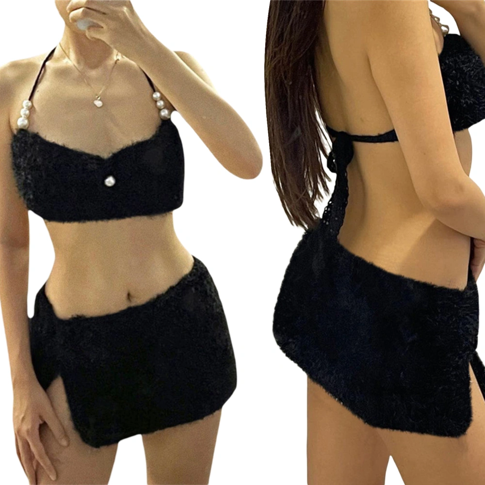 Women Summer Outfits Pearls Backless Halter Tops and Mini Slit Skirt