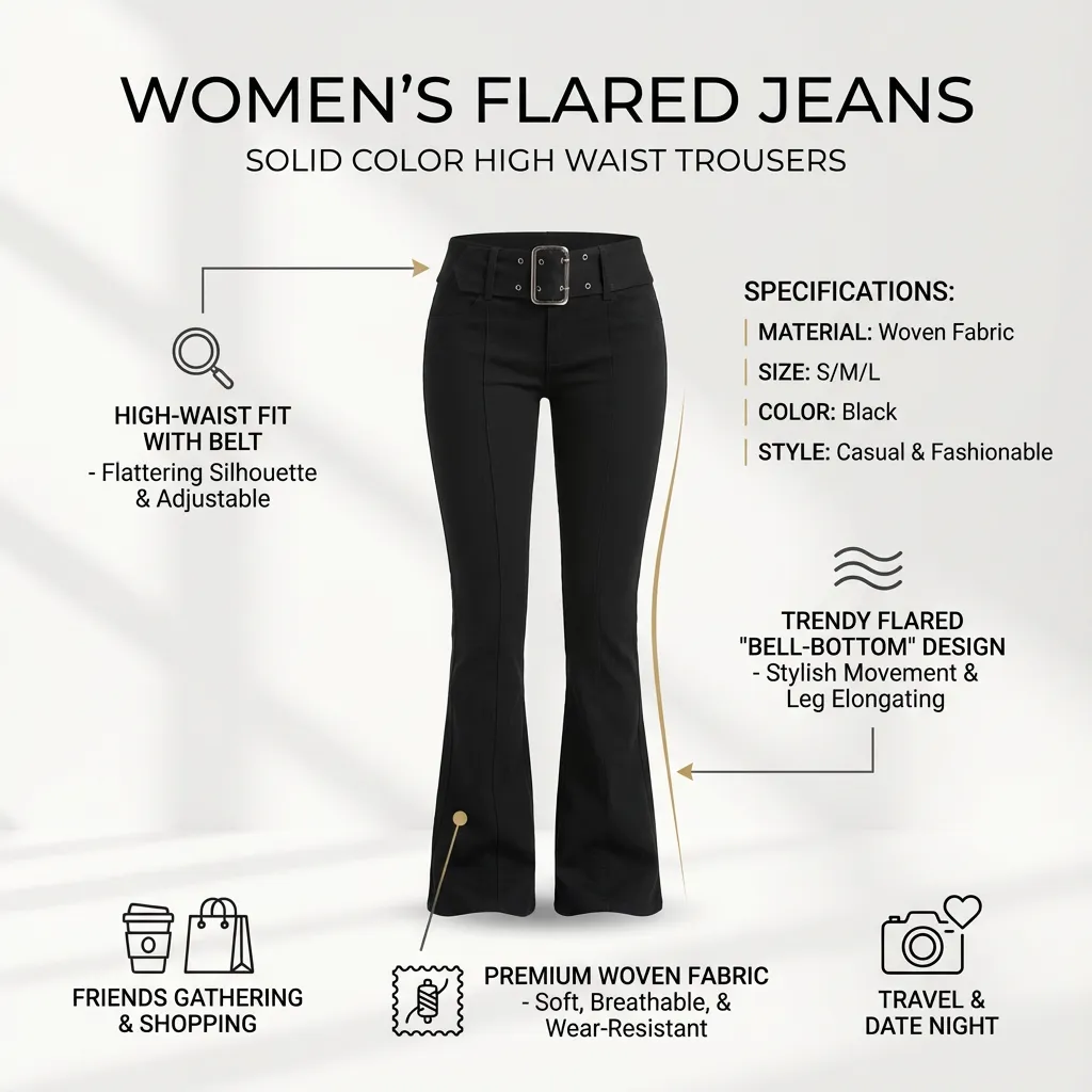 Women’ s Flared Jeans, Solid Color High Waist Trousers Long Pants