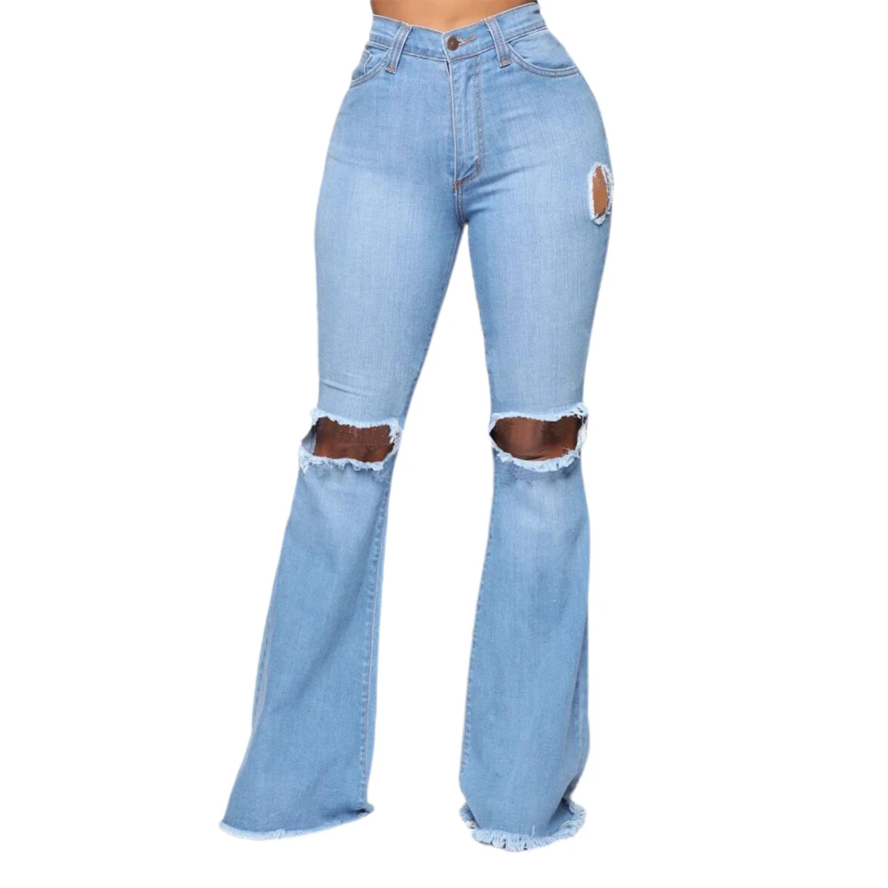 Women Stretch Denim Jean High Waist Flare Hem Ripped Trousers