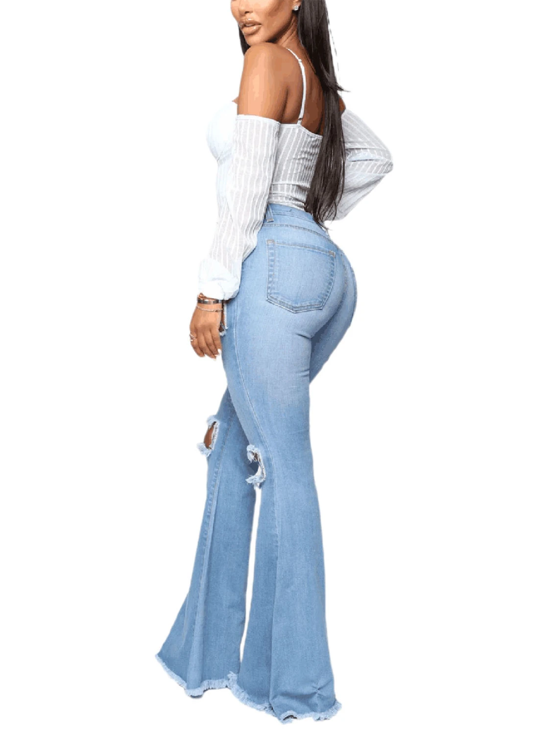 Women Stretch Denim Jean High Waist Flare Hem Ripped Trousers