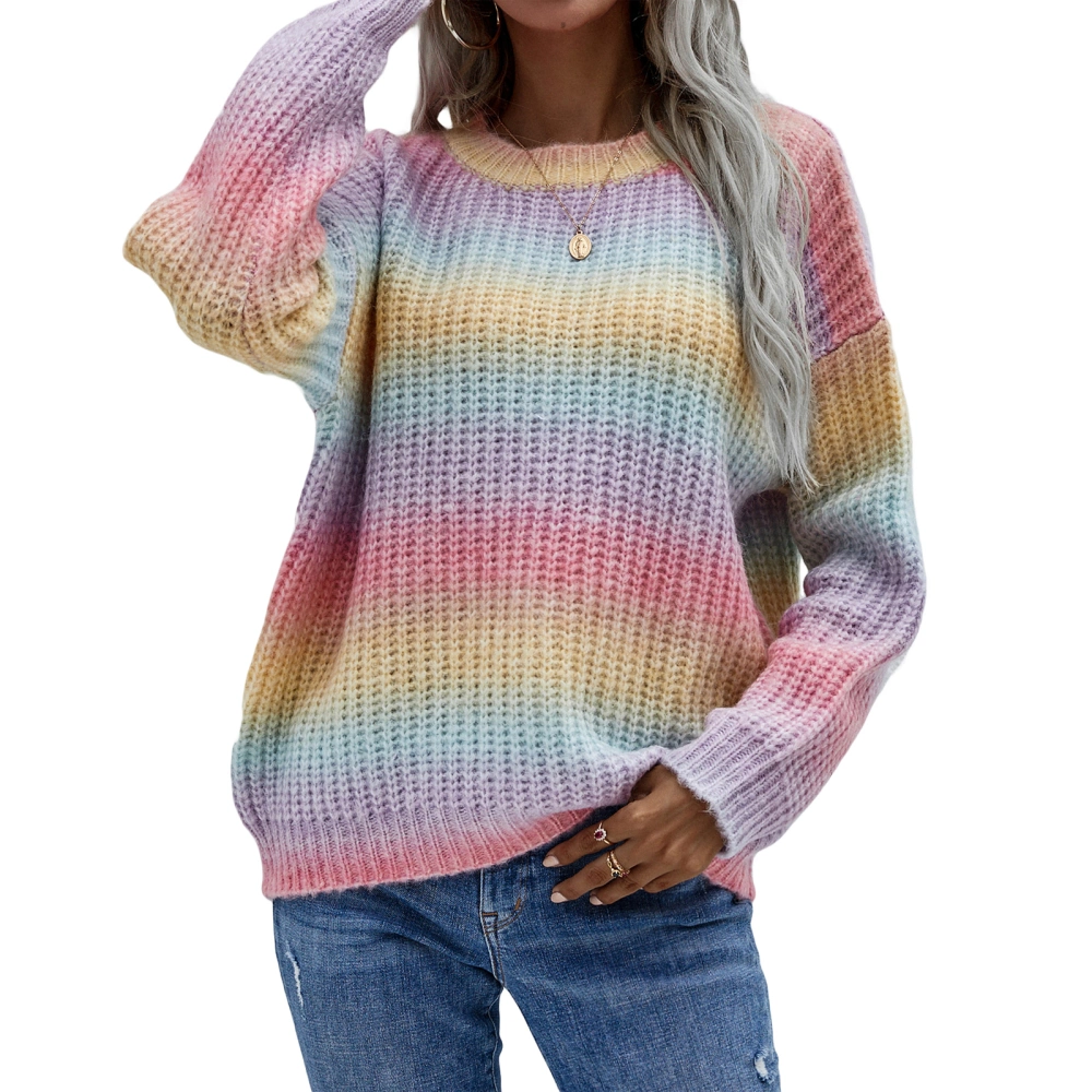 Women Round Neck Long Sleeve Color Block Tie Dye Print Loose Sweaters