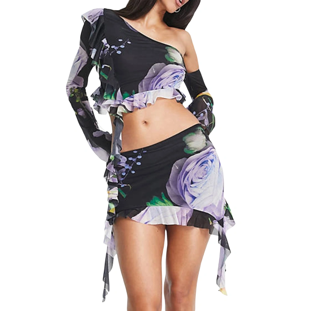 Women Skirt Set Flower Print Long Sleeve Irregular Crop Top Mini Skirt