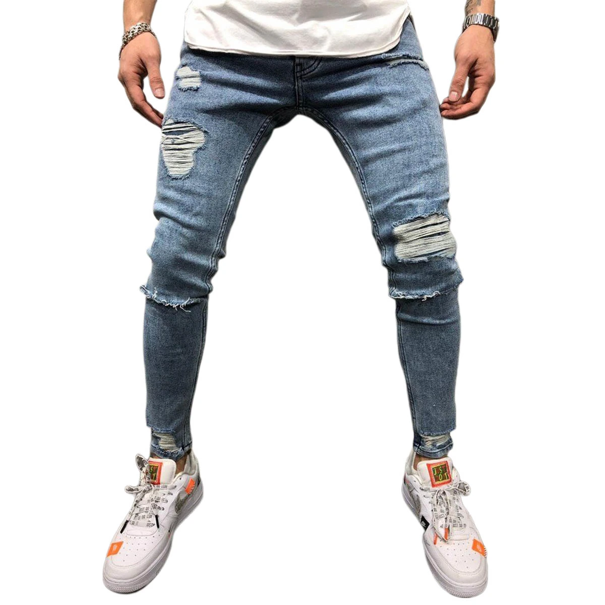 Men's Middle Waist Ripped Elastic Skinny Pencil Jeans with Pockets