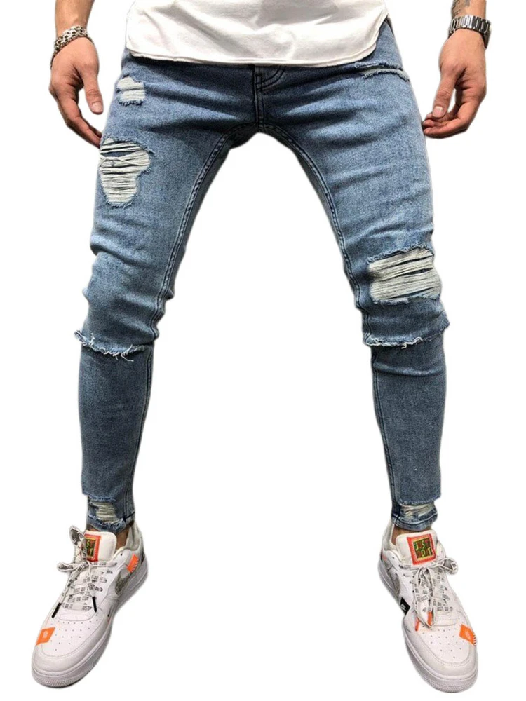 Men's Middle Waist Ripped Elastic Skinny Pencil Jeans with Pockets