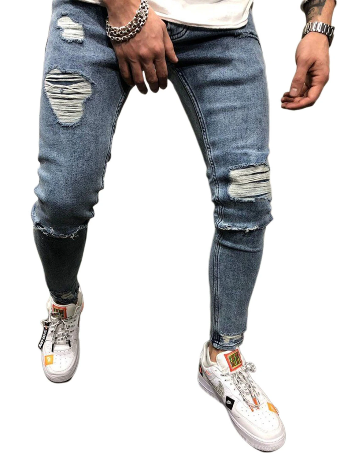 Men's Middle Waist Ripped Elastic Skinny Pencil Jeans with Pockets