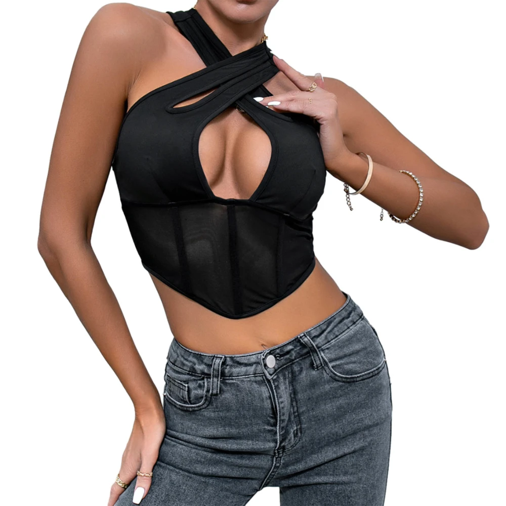 Women Crop Halter Tops Mesh Patchwork Cutout Corset Tops Camisole