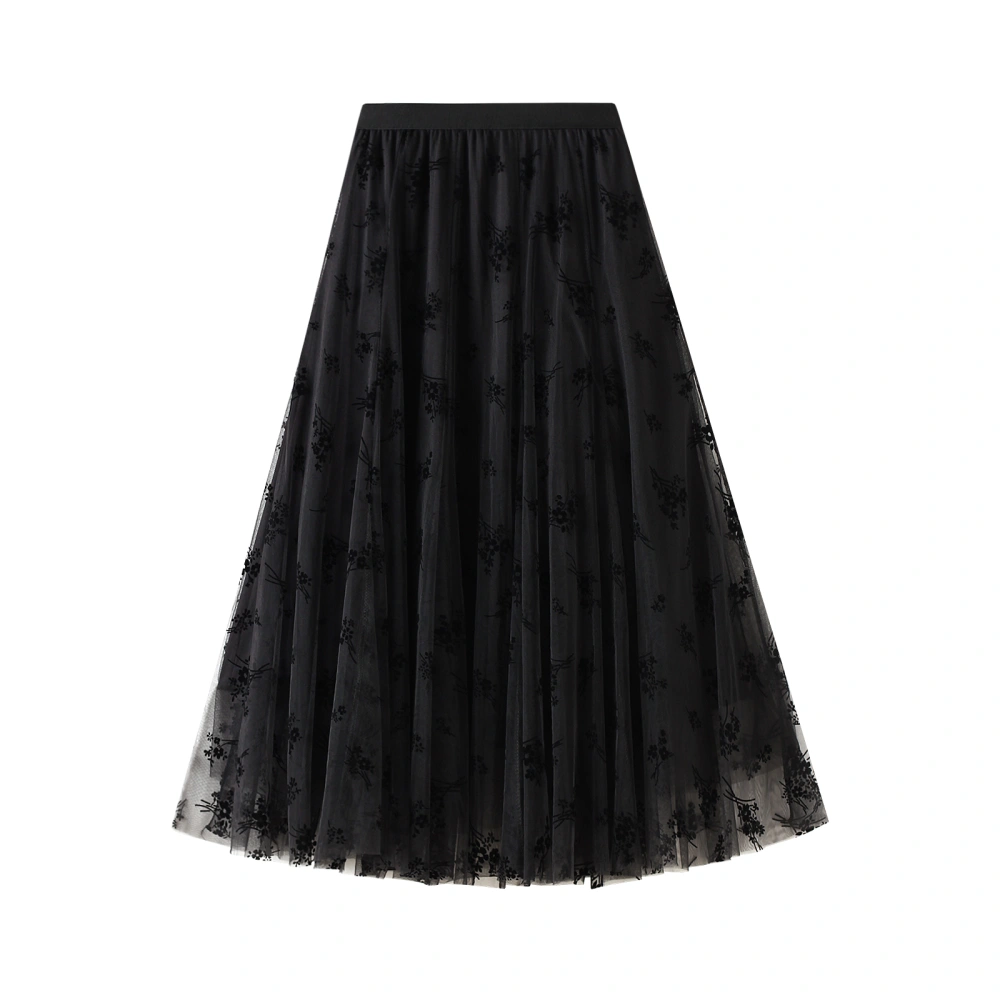 Women Tulle Tutu Pleated Skirt Floral Print Flocked Mesh A-line Skirt 