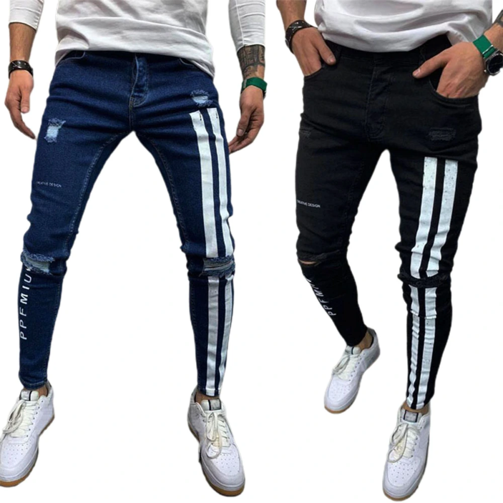 Men's Denim Long Pants, Striped & Letter Destroyed Ripped Jeans