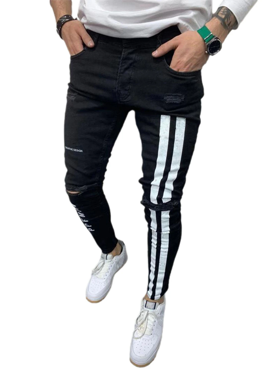 Men's Denim Long Pants, Striped & Letter Destroyed Ripped Jeans