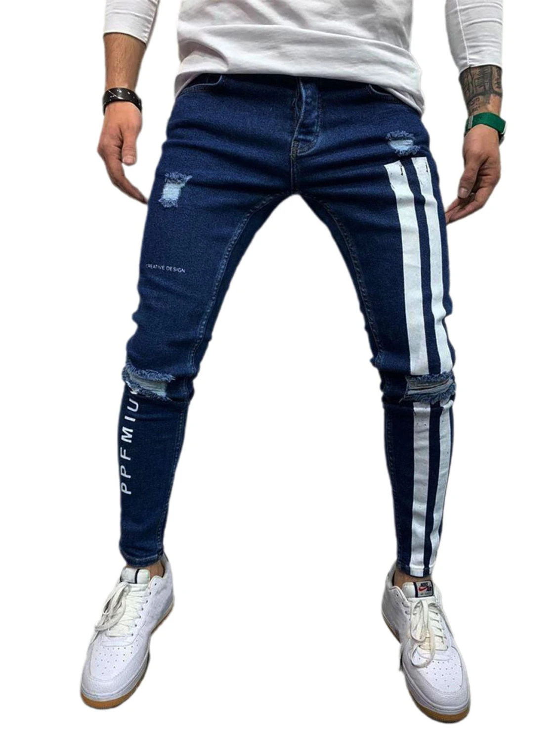 Men's Denim Long Pants, Striped & Letter Destroyed Ripped Jeans