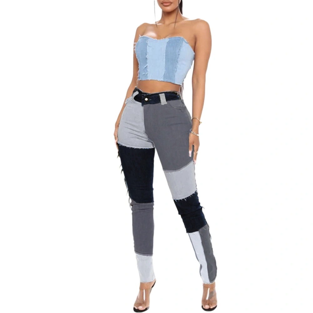 Color Block Jeans, Stretchy High Waisted Patchwork Denim Pants