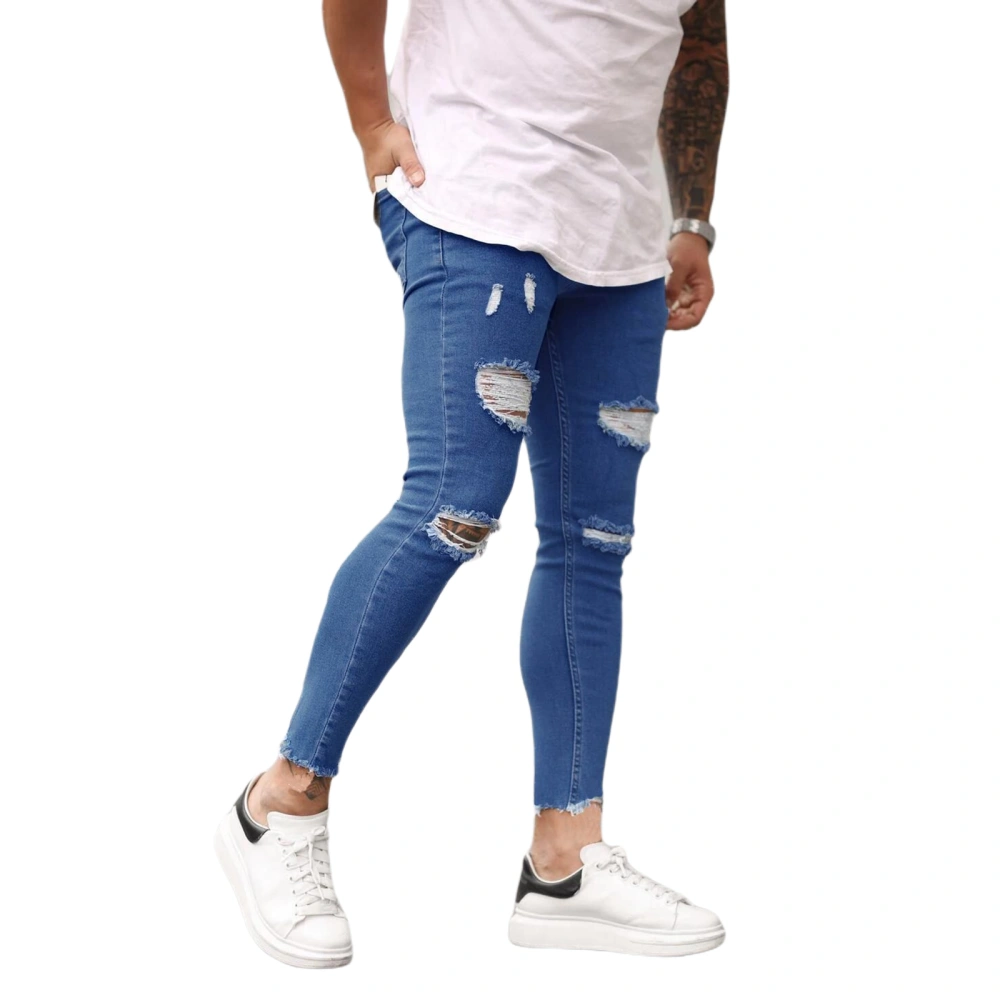 Men's Slim Fit Biker Jeans Ripped Stretch Denim Pants with Destroyed Holes