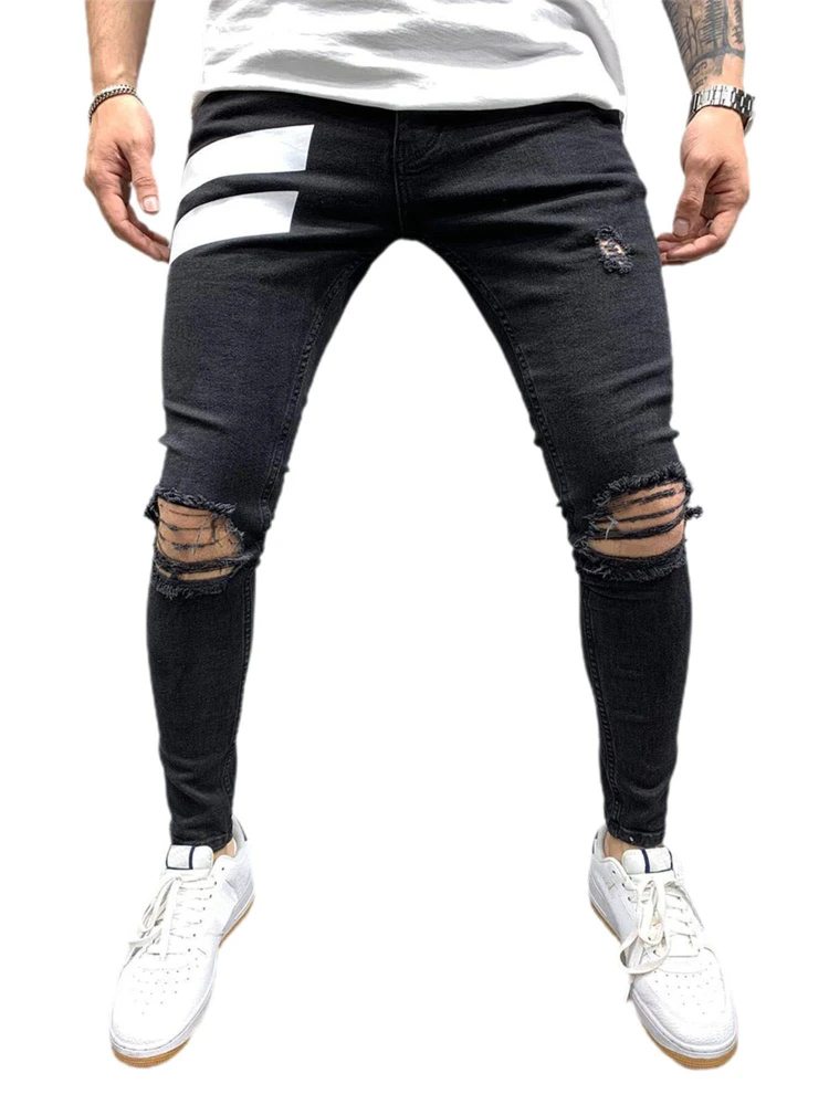 Men 's Denim Long Pants, White Striped Ripped Zipper Slim Jeans