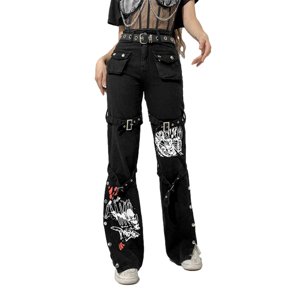 Women High Waist Jeans with Metal Buckle Belt, Lengthened Style