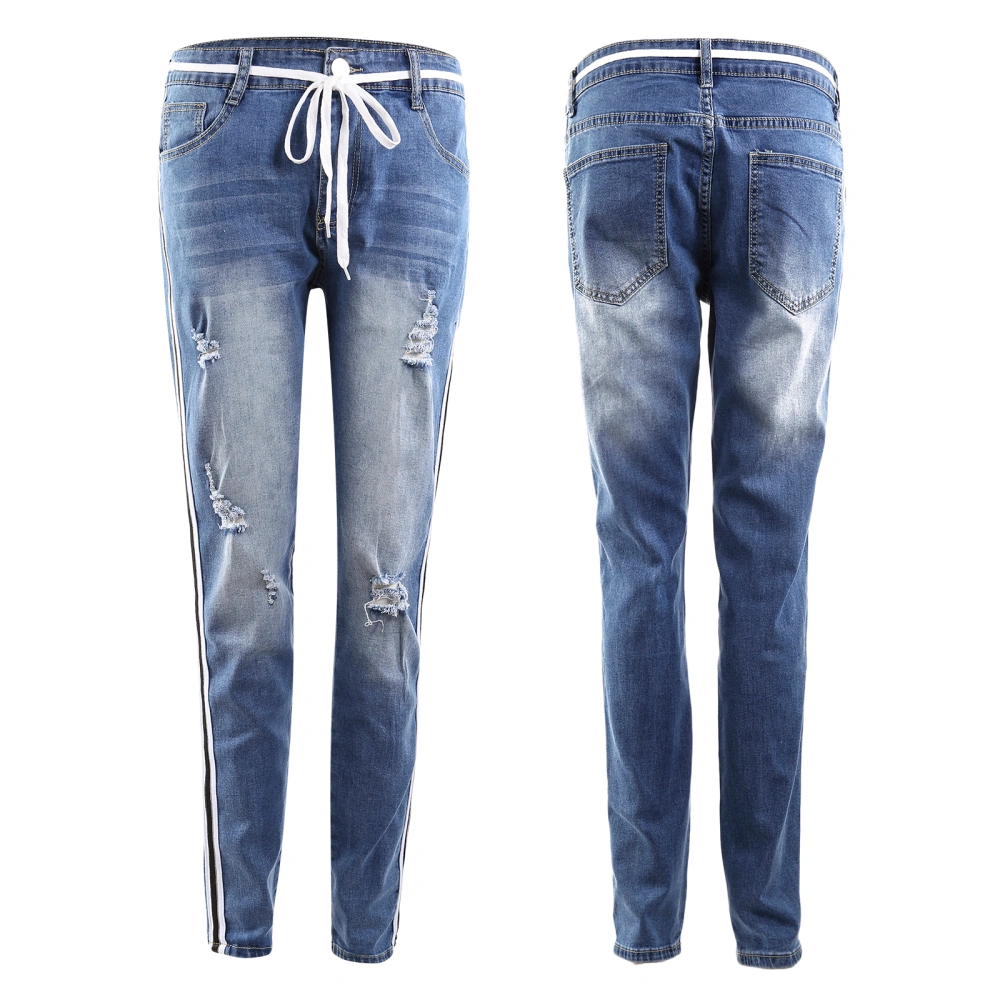 Man's Pencil Pants, Lace Up Middle Waist Tight Long Ripped Jean