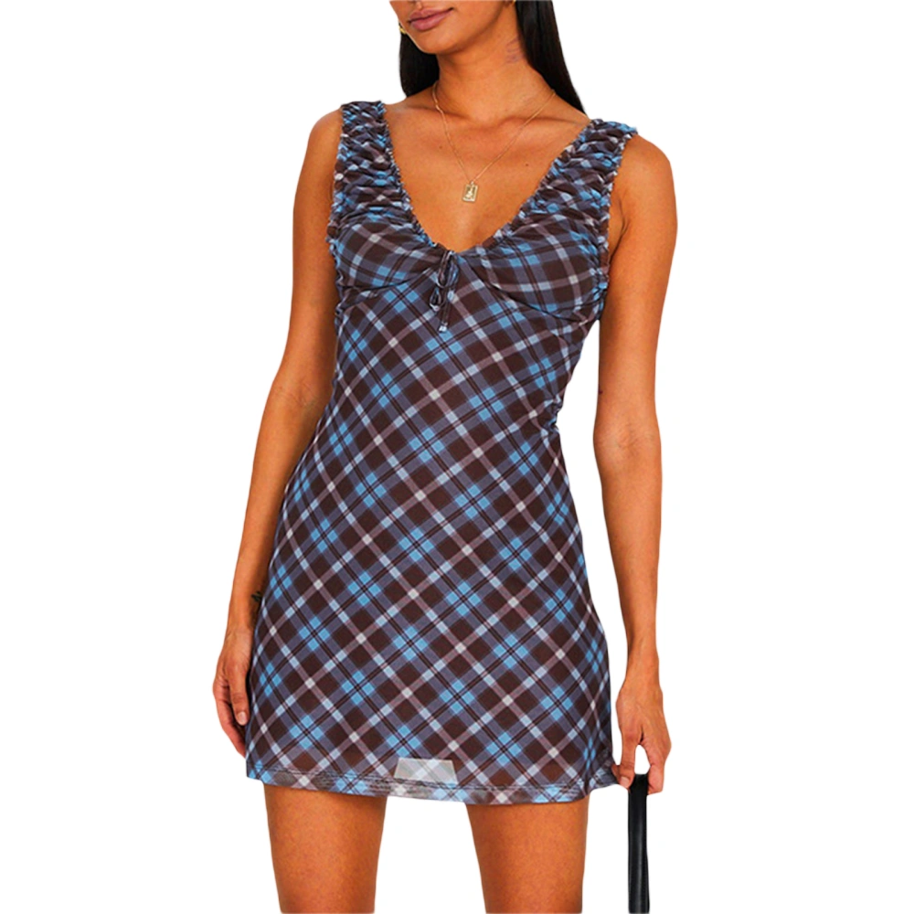 Women Plaid Tank Dress Casual Sleeveless Mini A-Line Party Dress 