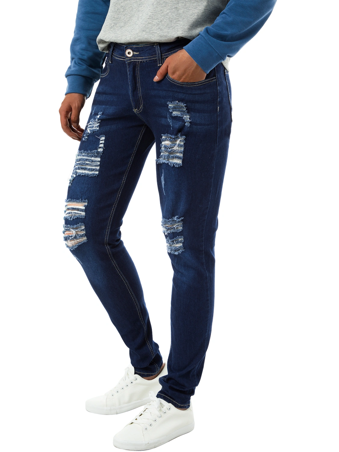 Men Casual Ripped Hole Jeans, Middle Waist Pencil Denim Trousers