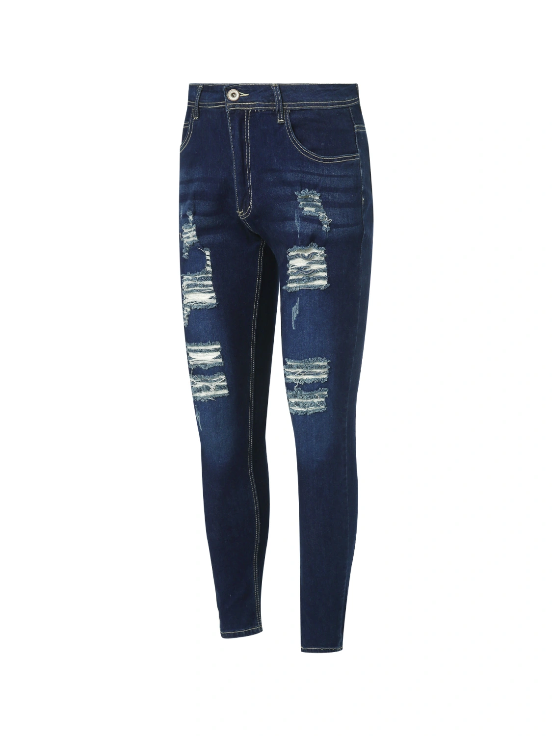 Men Casual Ripped Hole Jeans, Middle Waist Pencil Denim Trousers
