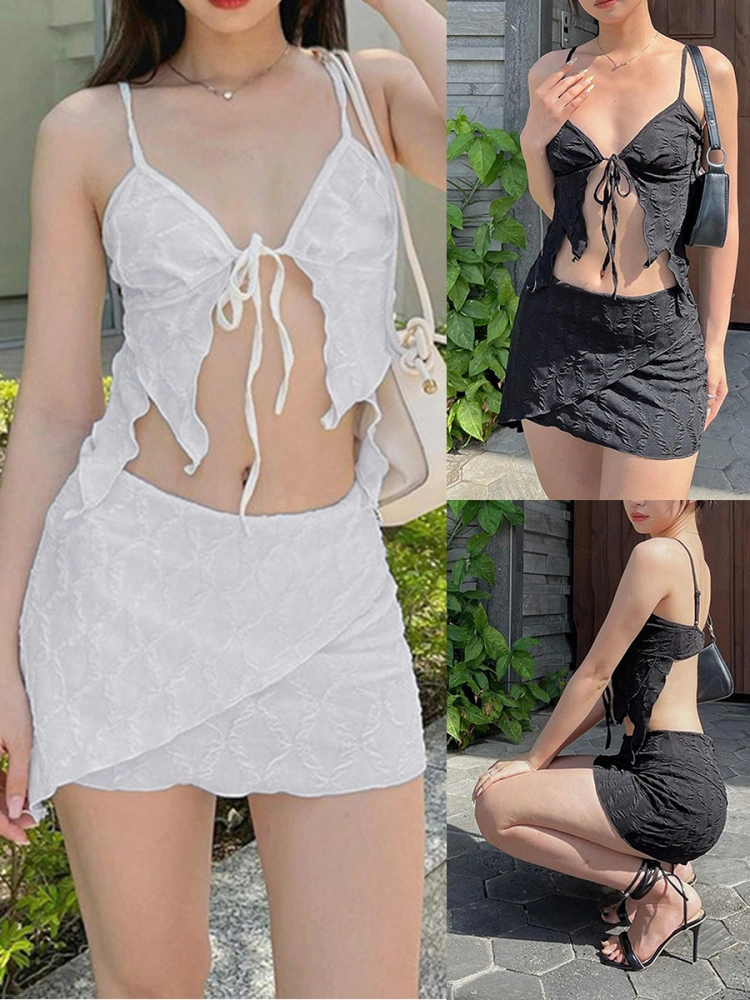 Women’s 2 Piece Summer Outfits, Tie-up Front Cami Tops and Mini Skirt