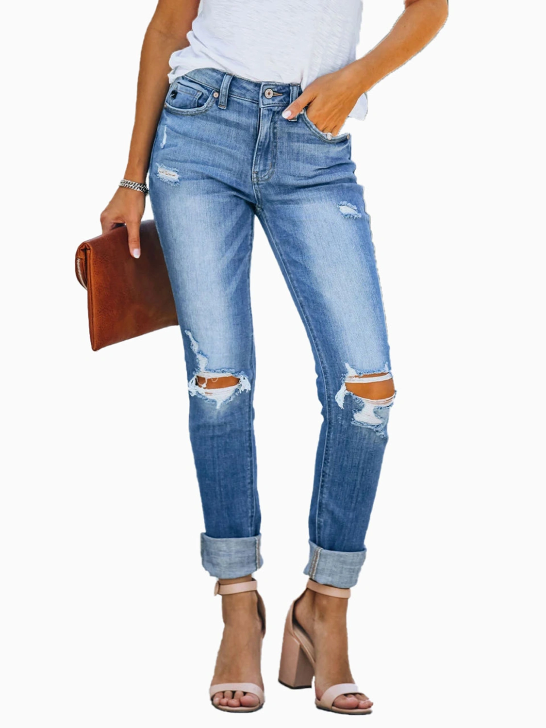 Women’s Slim Fit Washed Color Ripped Stretch High-waist Jeans