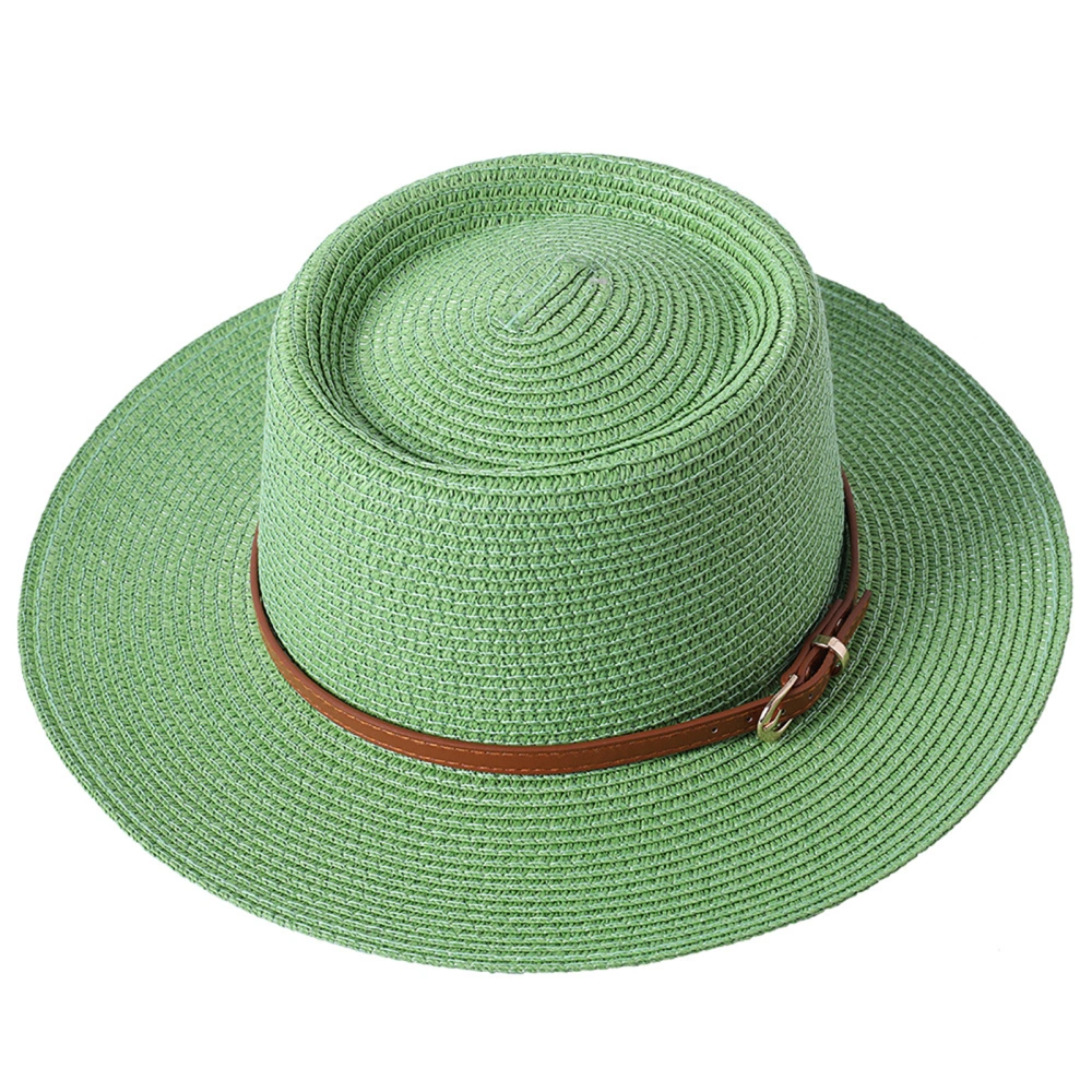 Women Summer Straw Sun Hat, Flat Top Panama Hat with Belt-Buckle