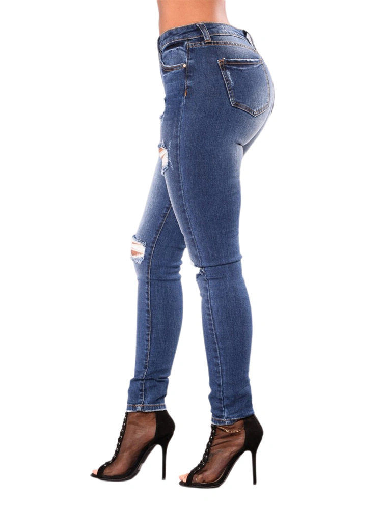 Women’s Slim Fit Solid Color Ripped Stretch High-waist Jeans