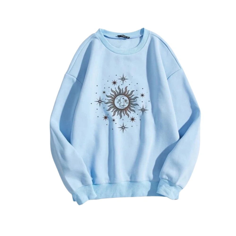 Women Loose Sweater, Sun & Moon Print Long Sleeve Round Neck Pullover