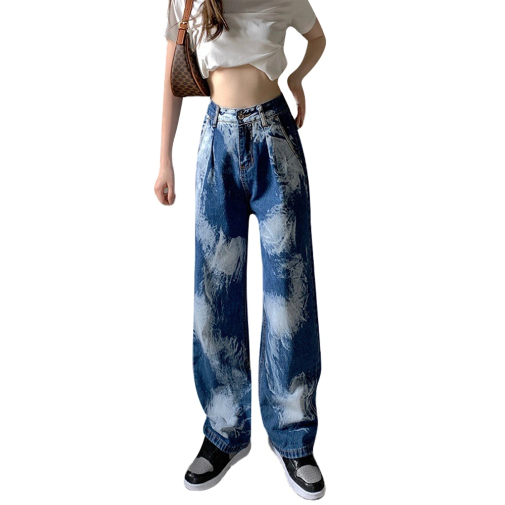 Women Loose Wide-leg Jeans, Casual Tie-dye Denim Pants with Pockets