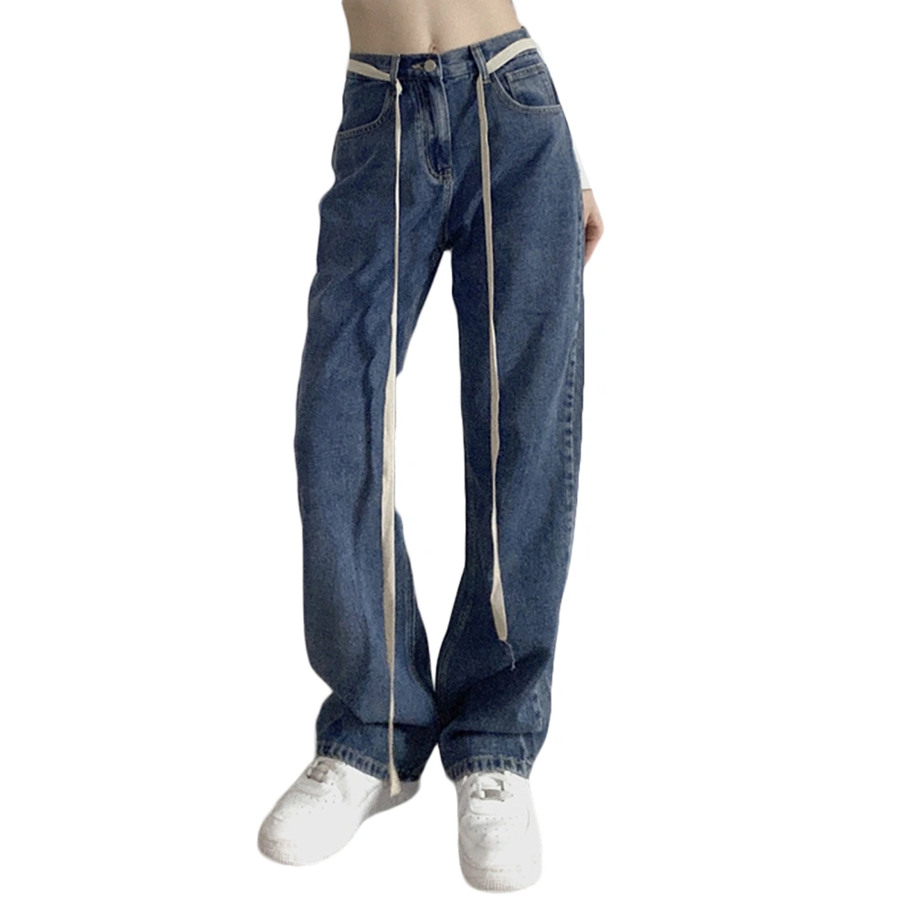 Women Straight Leg Jeans with High Waist Version, Solid Color