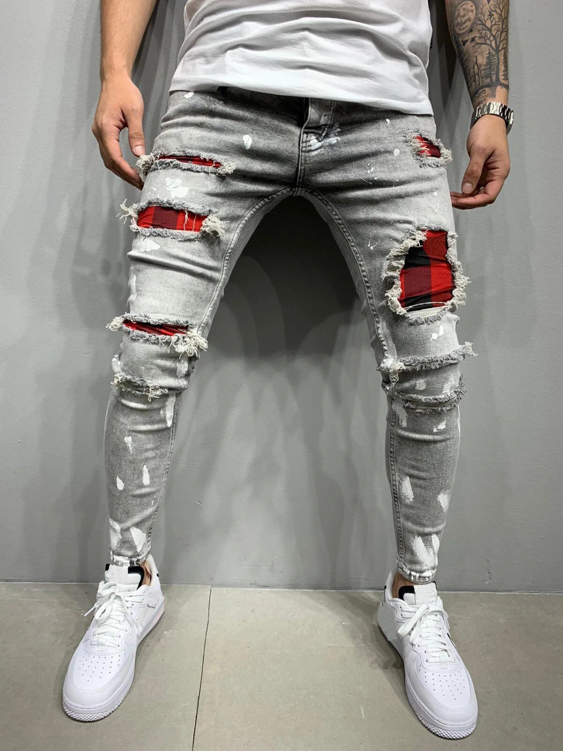 Men's Slim Ripped Patch Jeans, Stretch Tapered Leg Long Denim Pants
