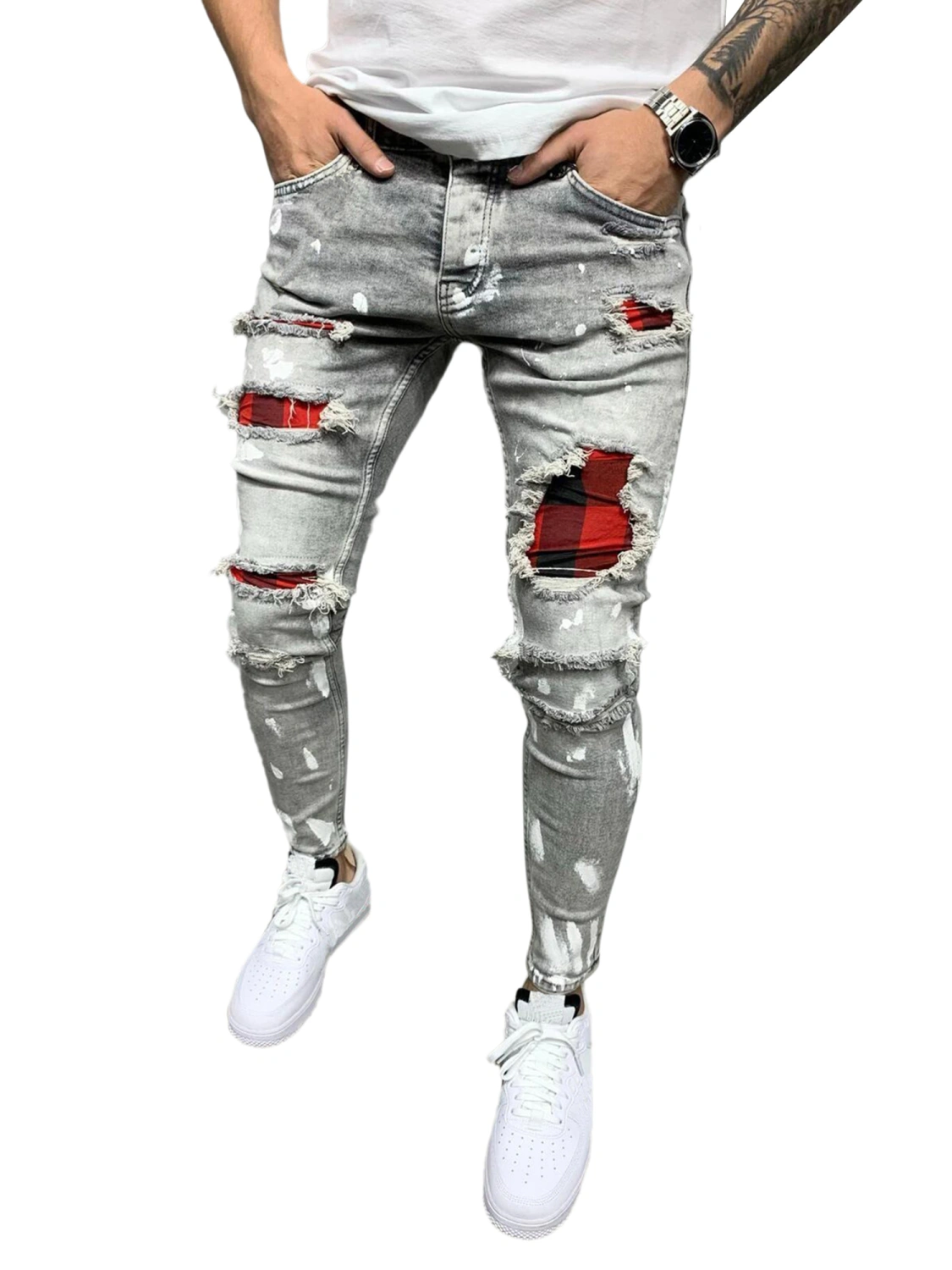 Men's Slim Ripped Patch Jeans, Stretch Tapered Leg Long Denim Pants