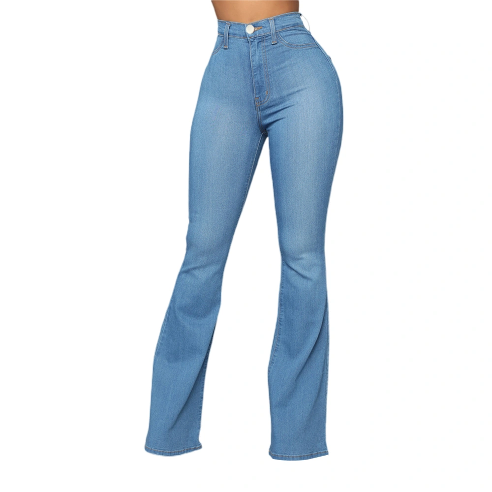 Women Solid Color Jeans, Buttoned Zipper Waist Flared Long Pants