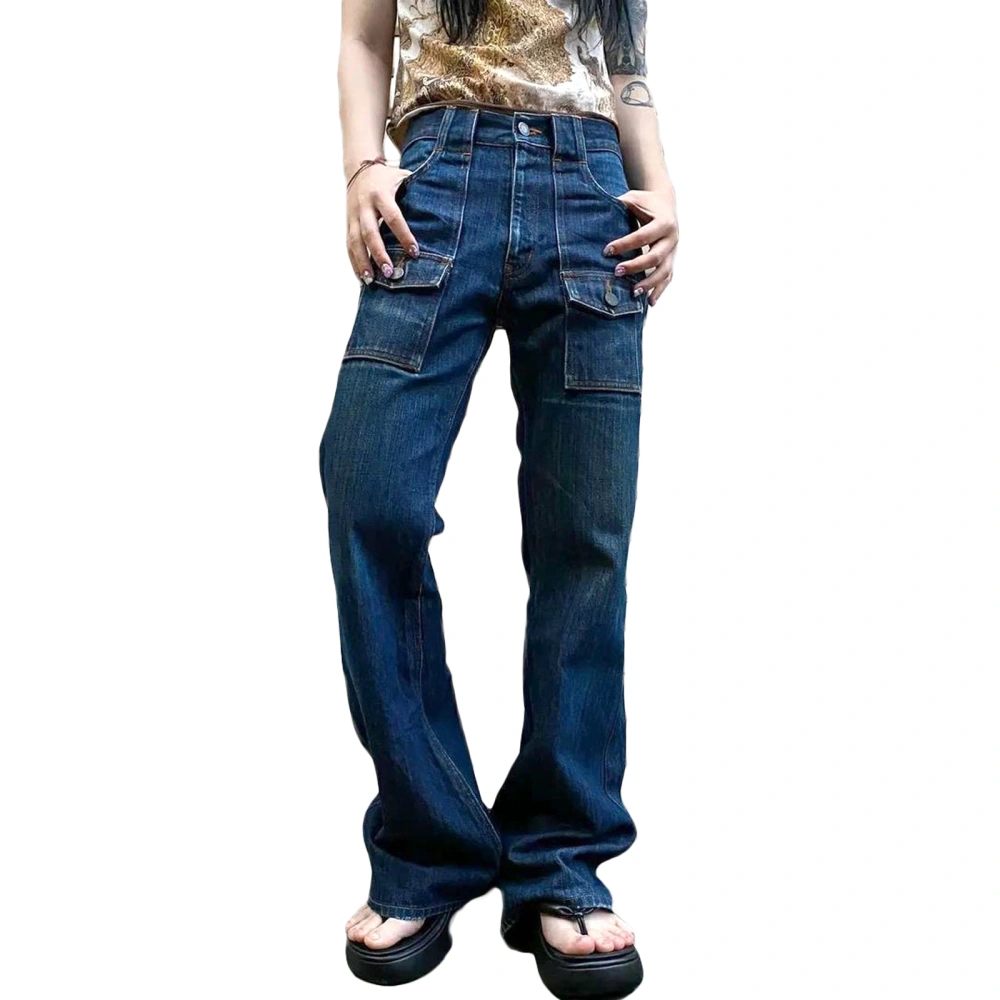 Women's Long Jeans, Solid Color Multi-Pockets High Waist Loose Pants