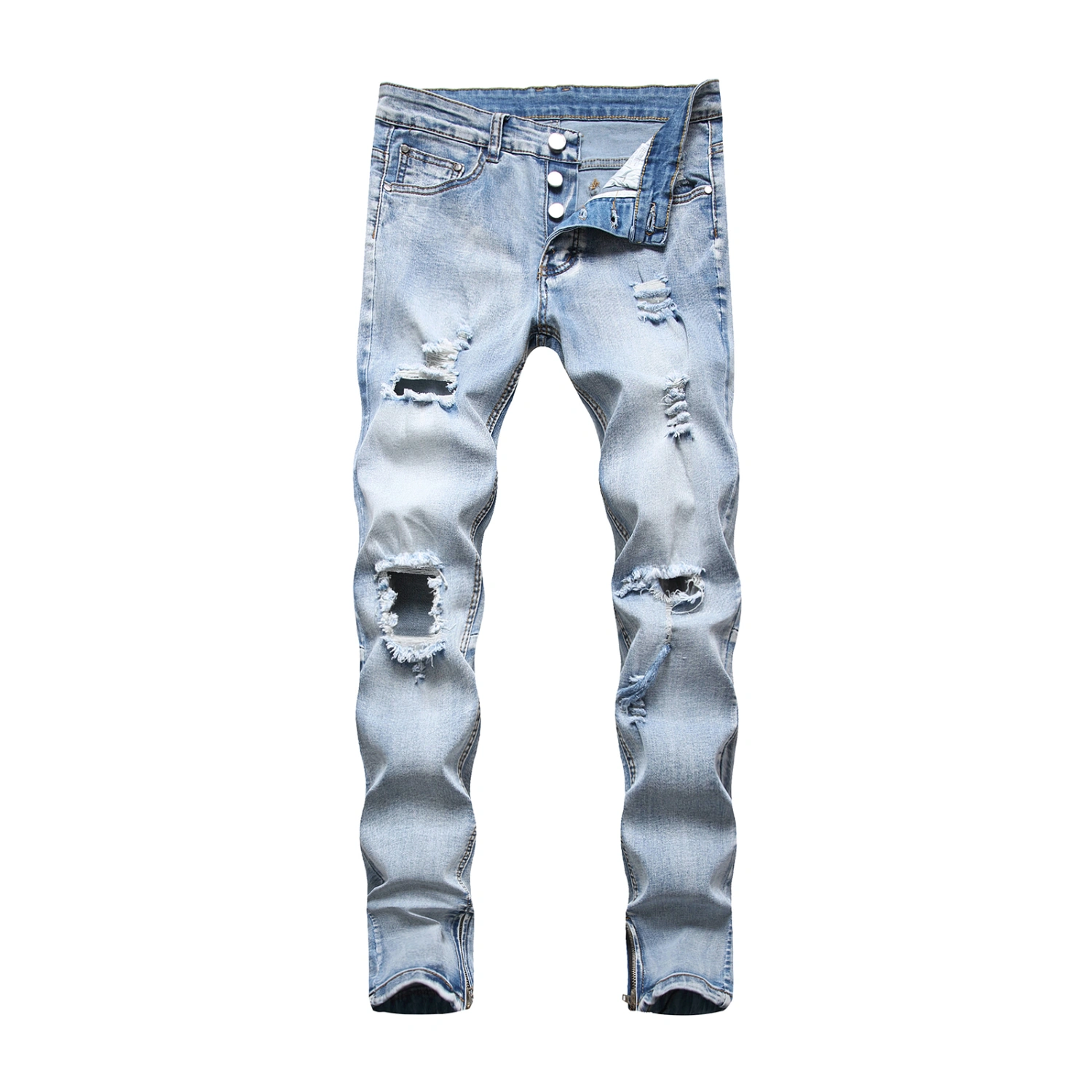 Men’s Knee Ripped Mid-waist Stretch Tight-fitting Denim Pants