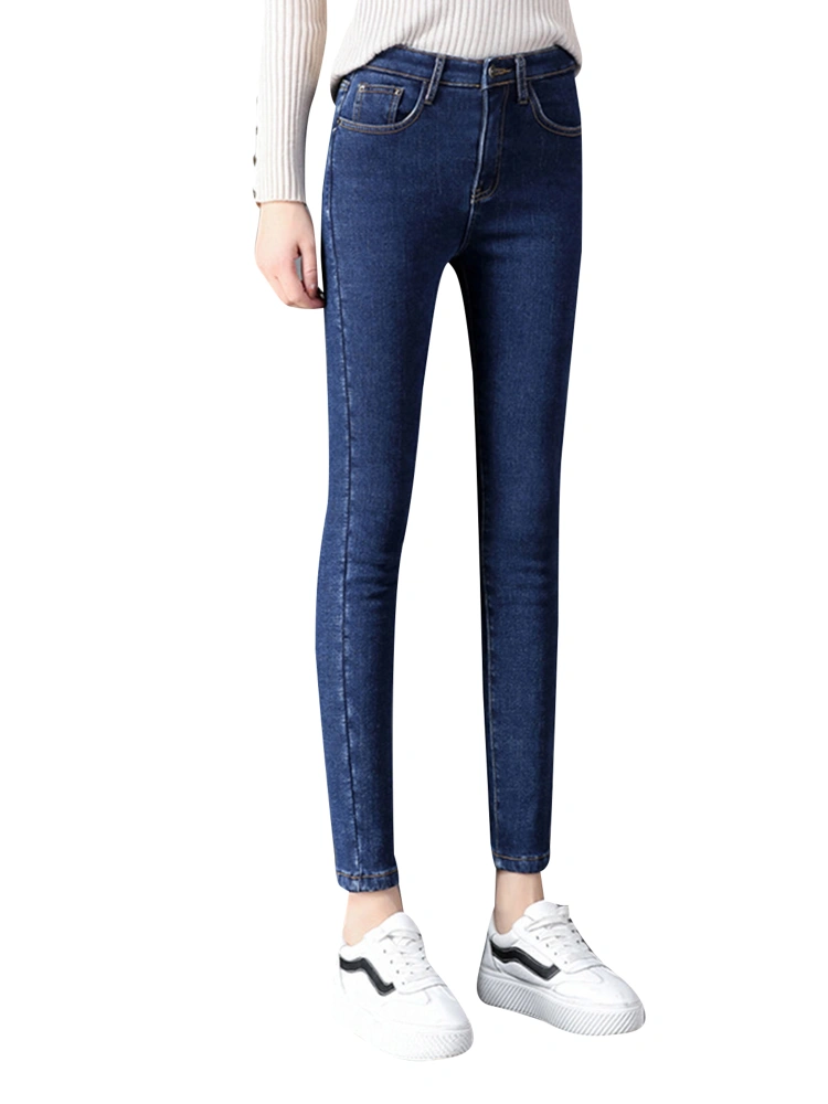 Women’s Korean Slim Fit Solid Color Plush Stretch High-waist Jeans