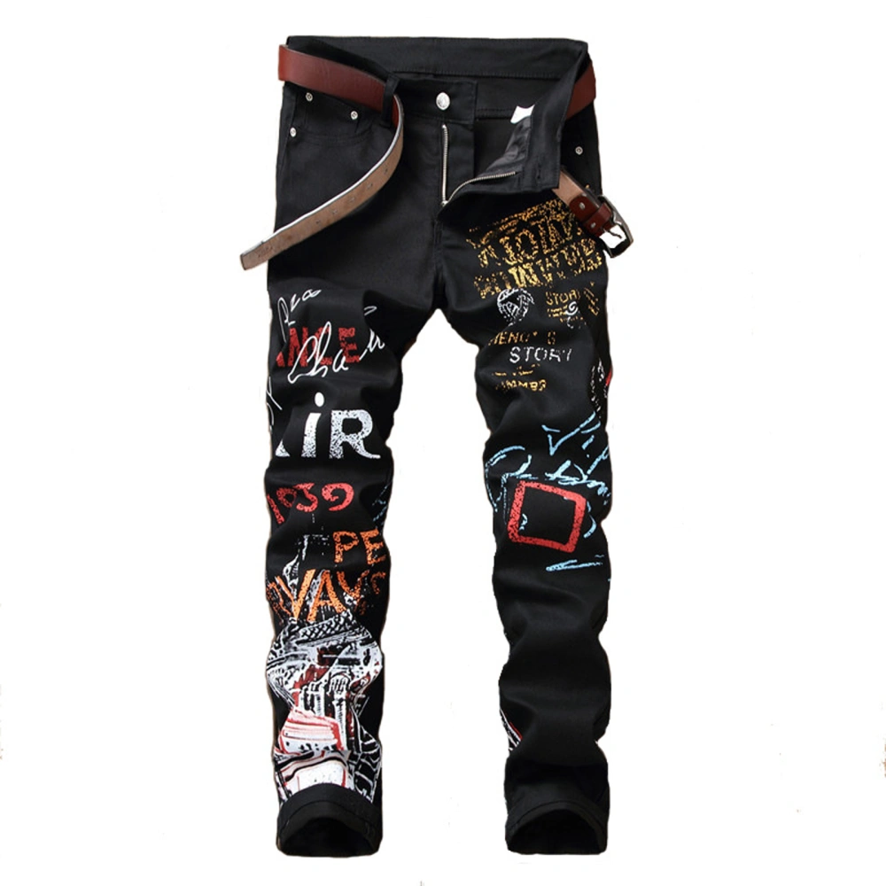 Men Skinny Jeans, Trendy Print Middle-Waist Slim Fit Pencil Pants