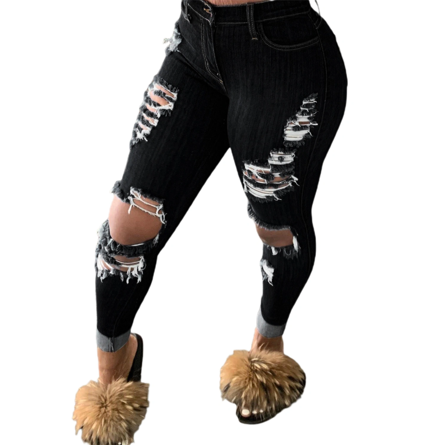 Women’s Fashion Ripped Tassel Mid-waist Stretch Slim Fit Jeans