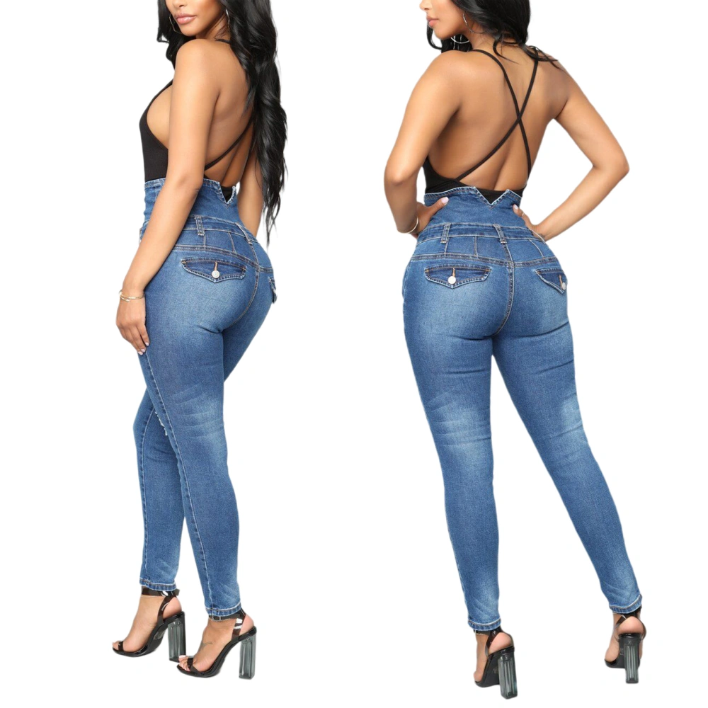 Female Jeans, High Waist Trousers Close-Fitting Pants with Four Buttons