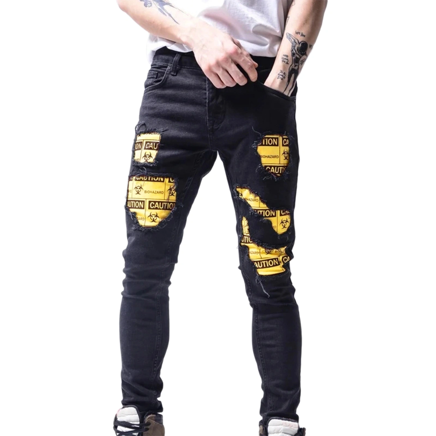 Men’s Fashion Ripped Patch Mid-waist Slim Fit Jeans with Pockets