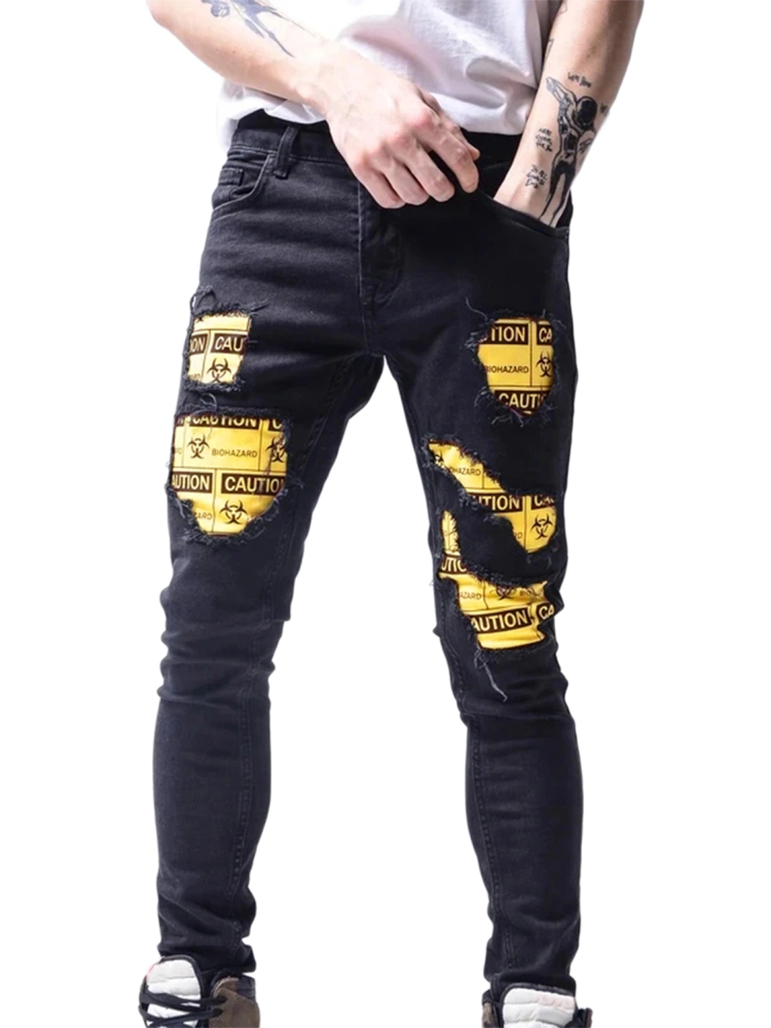Men’s Fashion Ripped Patch Mid-waist Slim Fit Jeans with Pockets