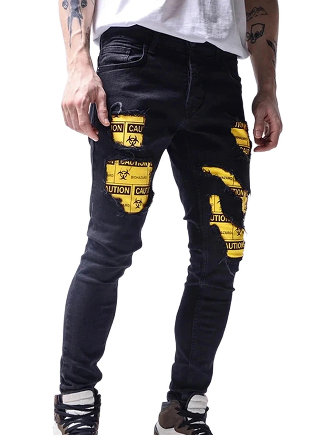 Men’s Fashion Ripped Patch Mid-waist Slim Fit Jeans with Pockets