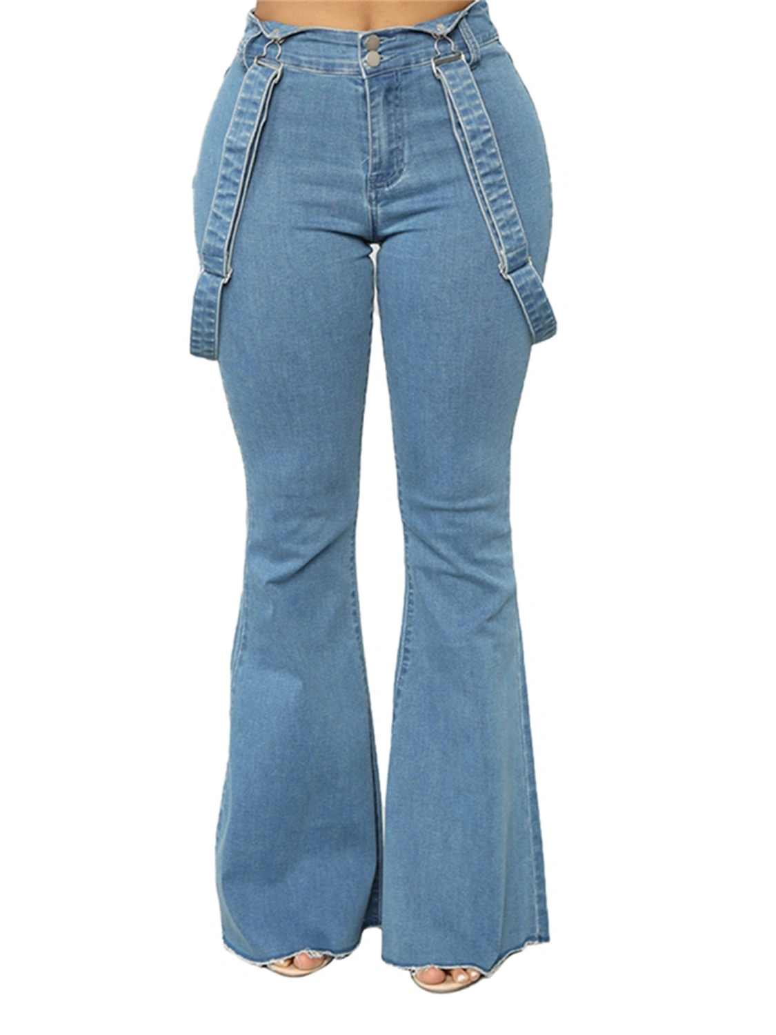 Women Denim Bib Overalls, Slim-fit Solid Color Flared Suspender Pants